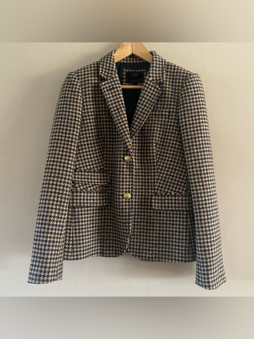 J.Crew Women’s Wool Schoolboy Brown Houndstooth Blazer Gold Crest Buttons Sz. 10